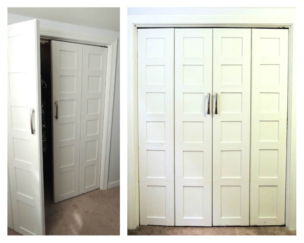 A closet with white, paneled doors that open outward like french doors, instead of bifold, sliding doors