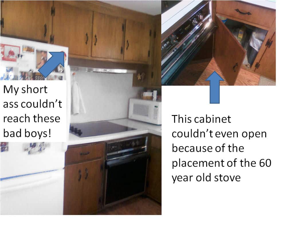 Upper cabinets with a dark wood stain finish and a lower cabinet where the door is blocked by the nearby oven and cannot fully open