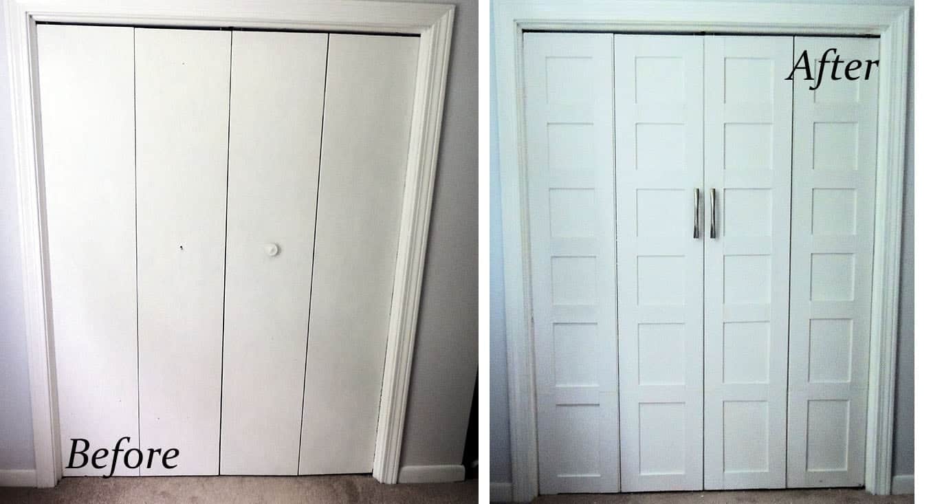 Plain white closet doors get a face-lift by adding white paneling to the front