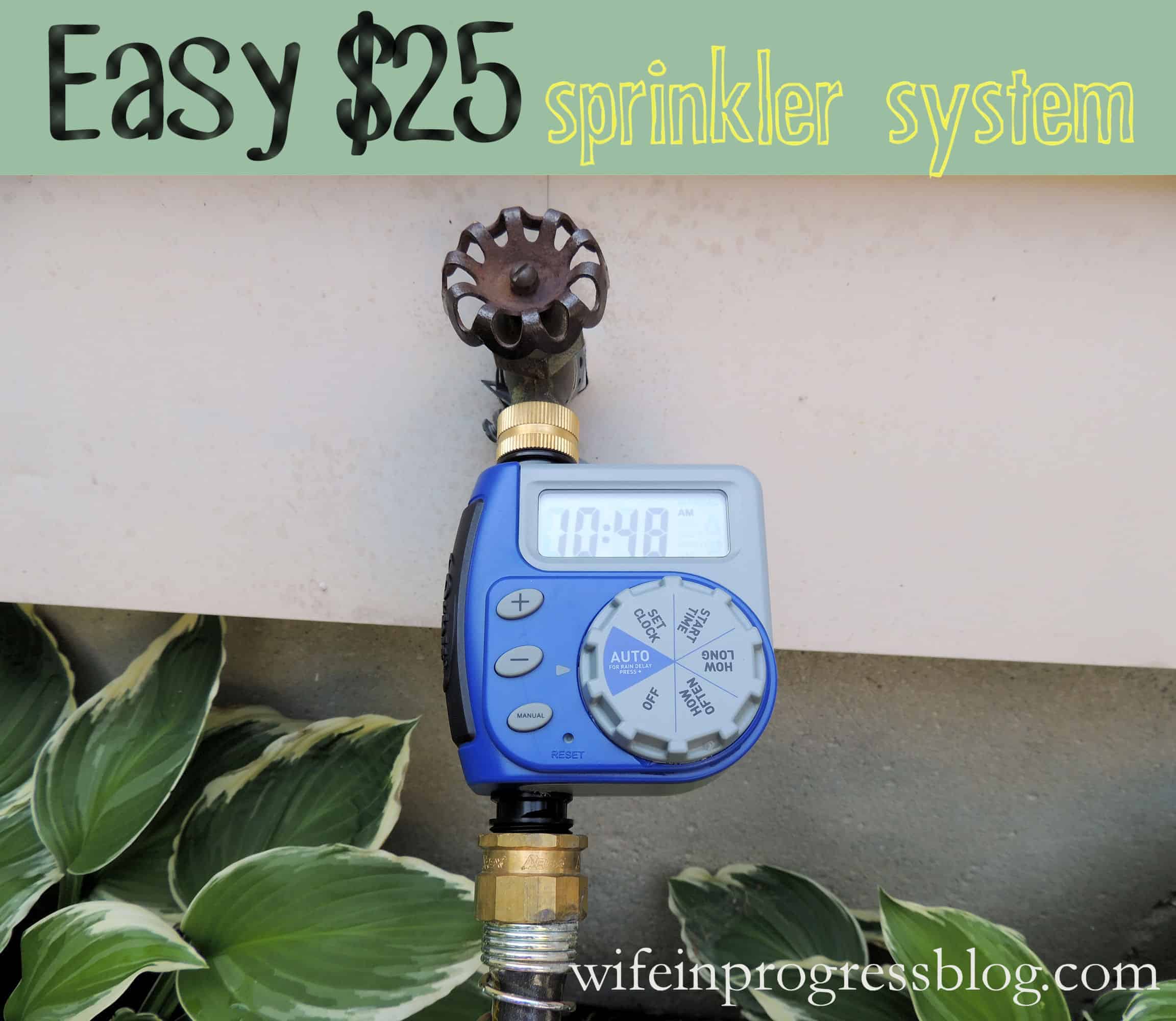 Easy $25 sprinkler system: sprinkler timer system installed among low, green shrubs