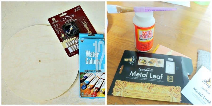 Materials needed to make your own DIY watercolor clock--all available at your local craft store!