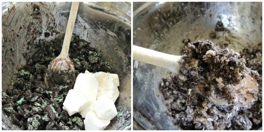 Mixing the crushed oreos with cream cheese