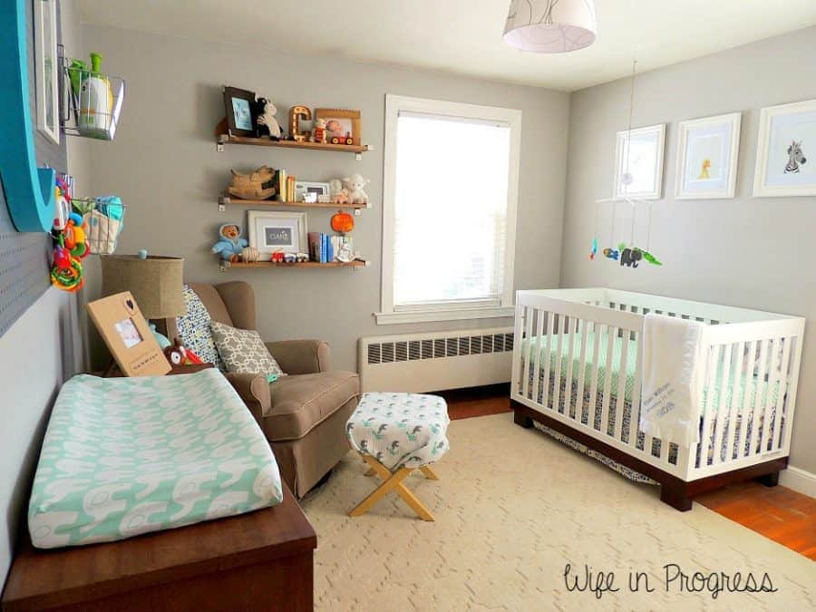 We kept our baby boy nursery nice and simple, with light colors like teal, blue, and light gray