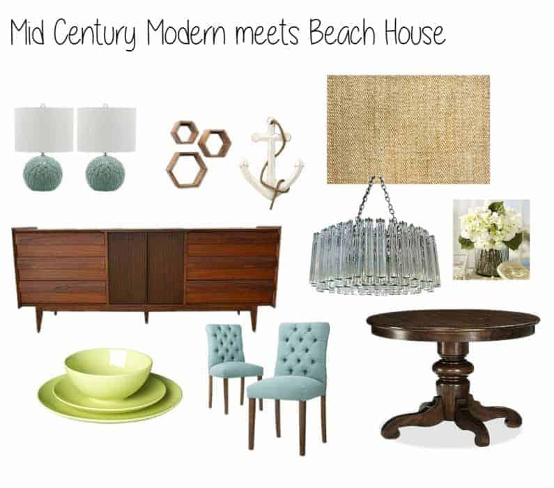 A collection of decor items such as a round, wooden table, green place settings, a dark wood side table and light blue, upholstered chairs
