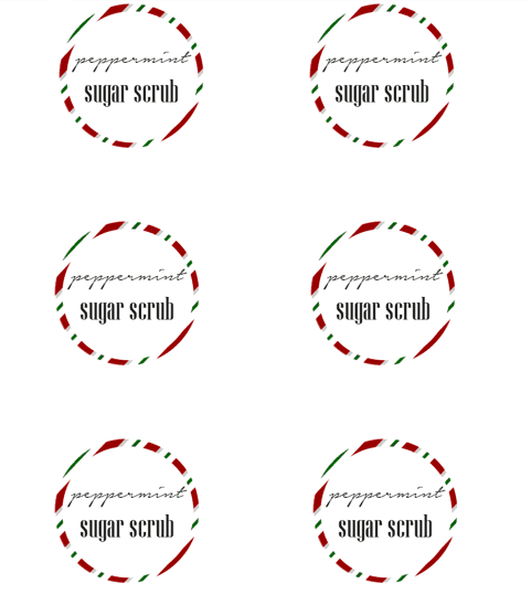 Six circular labels for \'peppermint sugar scrub\' on a single sheet of paper