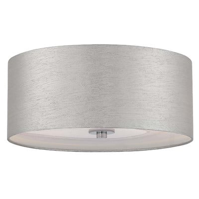 A drum-shaped, silver lighting fixture 