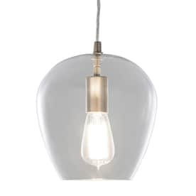 A lighting fixture that features a hanging light bulb covered by a clear, glass dome with an opening at the bottom