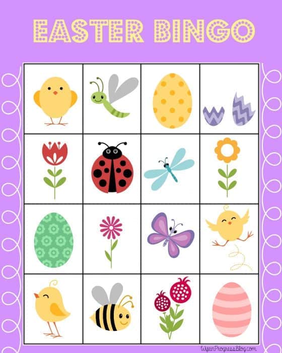 FREE Printable Easter Bingo Game featuring butterflies, bees, eggs, birds and flowers.