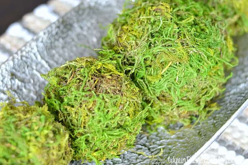 A close up of a few of the moss balls on the silver platter 