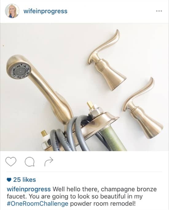 An Instagram post with pieces of a champagne bronze bathroom sink faucet
