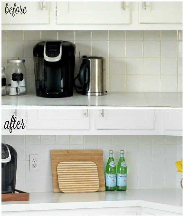 A look at my kitchen tile grout before and after restoring it with white acrylic paint