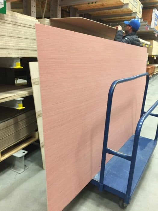 Large sheets of luam plywood from Lowe's to use for shiplap