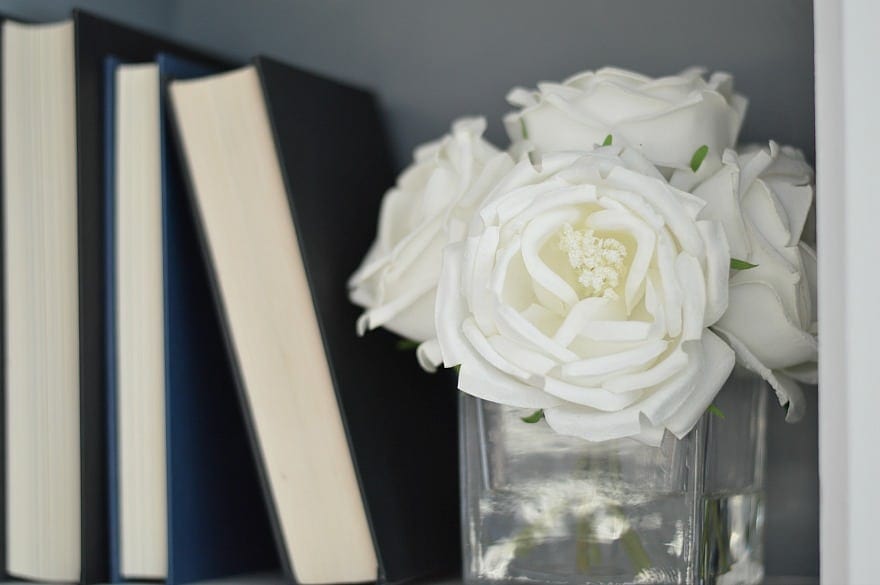 Three books on a shelf, spines facing in, and a short glass vase with large, white flowers