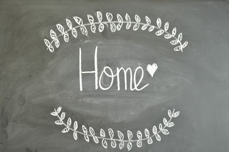 A close up of a chalkboard with the word \'Home\' in chalk lettering with vines above and below