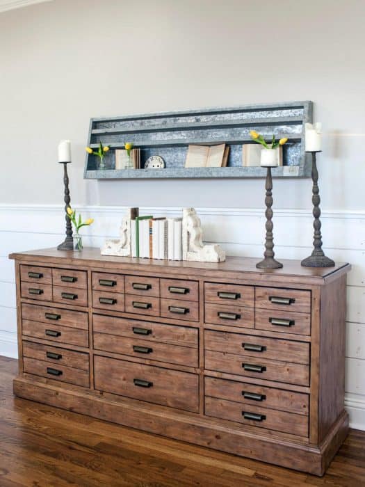 Fixer Upper style dresser with galvanized shelf over it