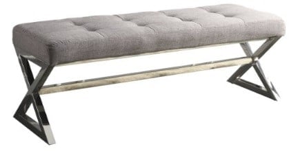 Gray upholstered bench with metal triangular legs