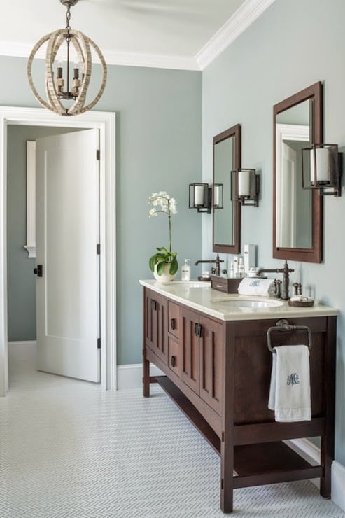 Benmjamin Moore Gray Wisp bathroom walls with dark wood vanity