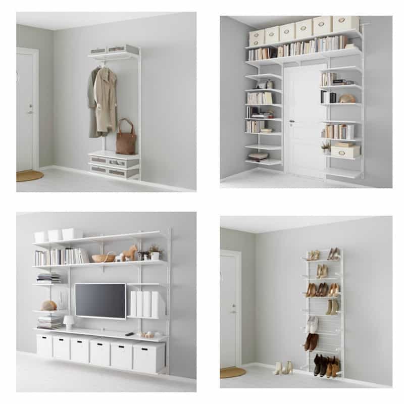 A collage of various closet configuration systems using rods, shelves, drawers and shoe racks