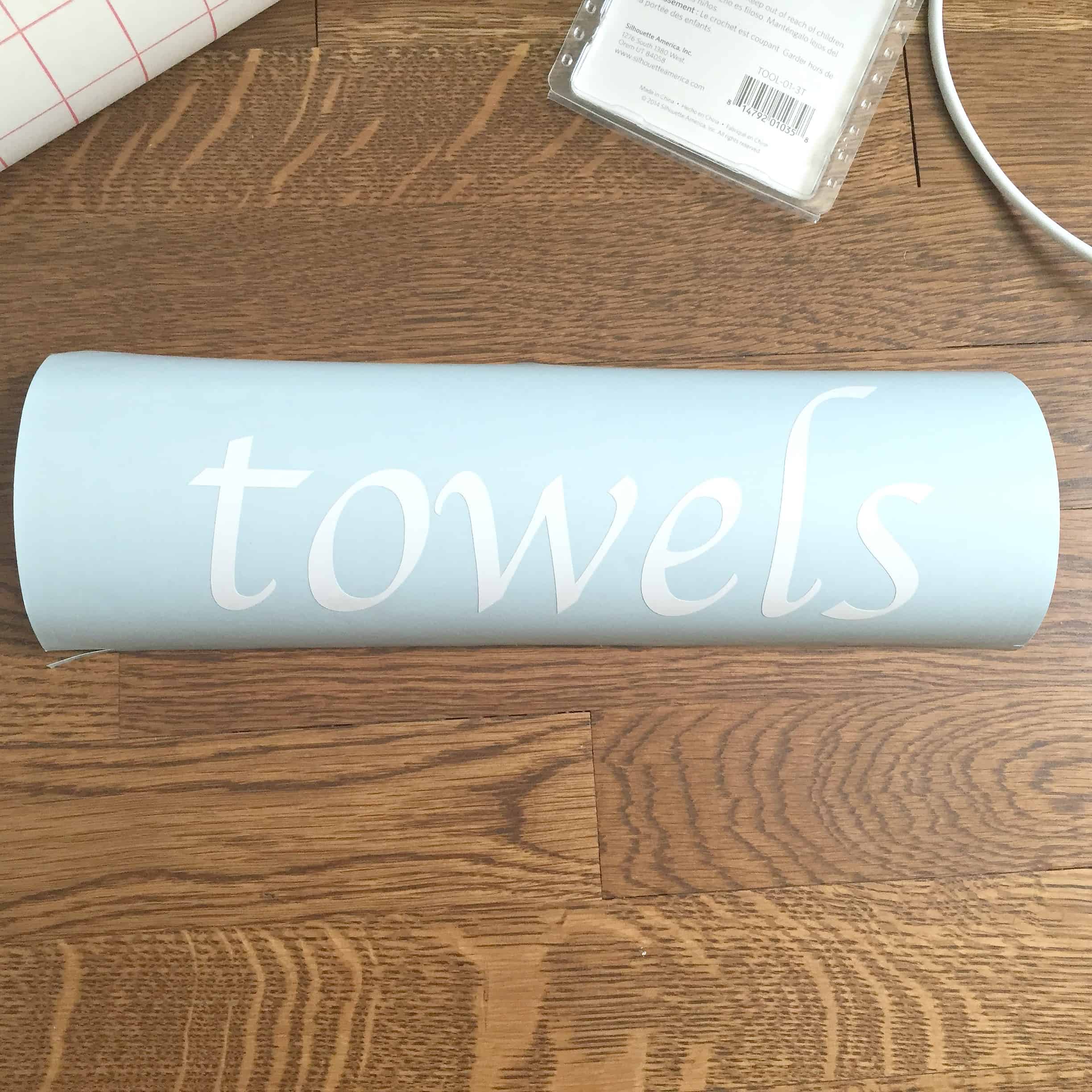 "towels" printed on vinyl