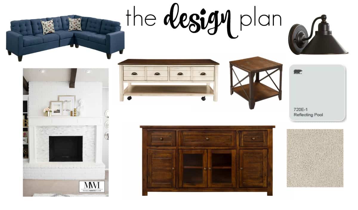 A collage of various furniture to be purchased for the basement - various side and end tables, a navy couch and tiling for the fireplace surround