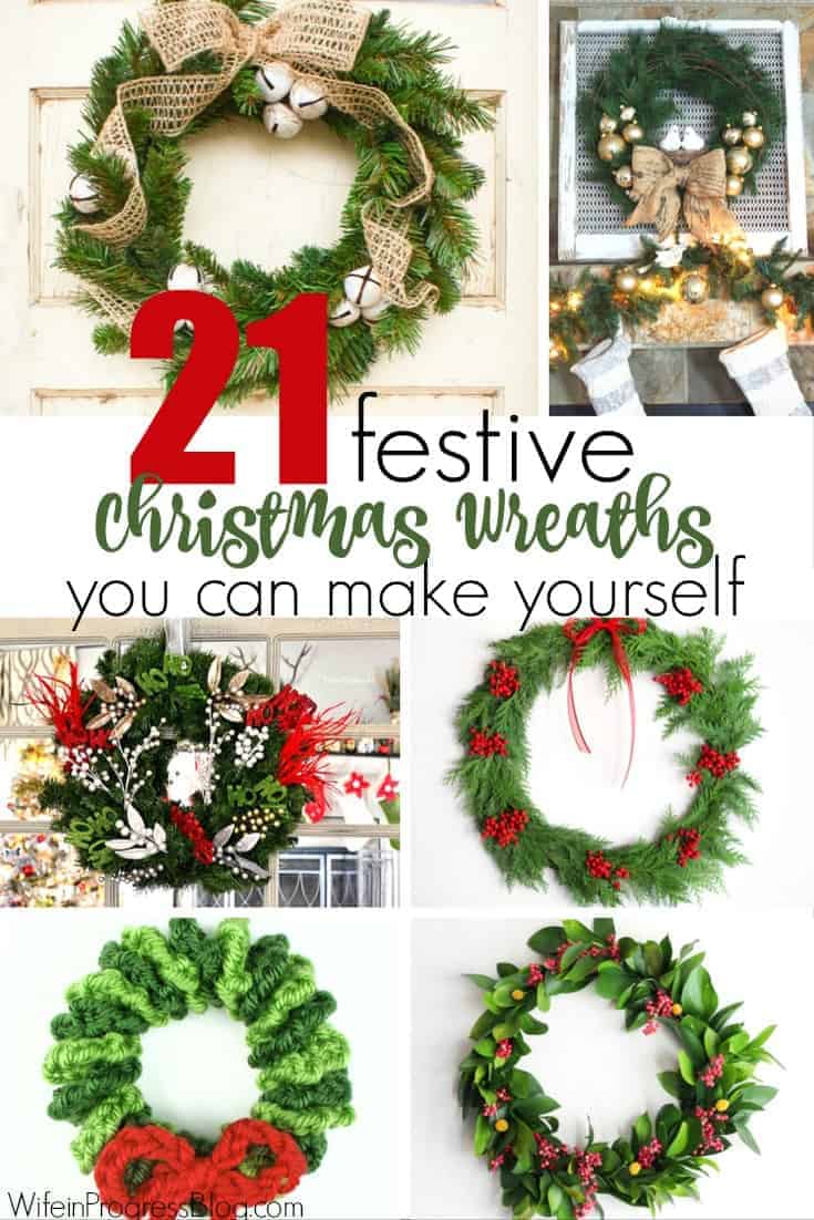 21 festive Christmas wreaths you can make yourself, showing a collection of DIY wreaths in red, green and gold