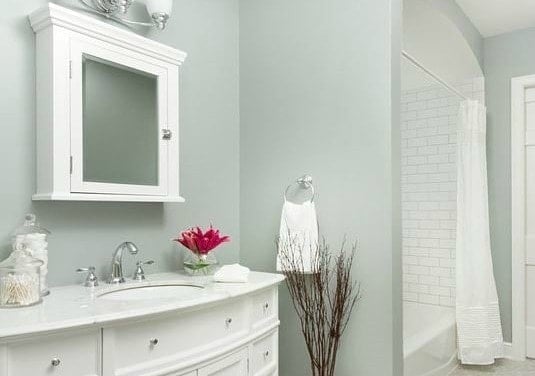 Boothbay Gray bathroom walls giving a relaxing spa-like feel.