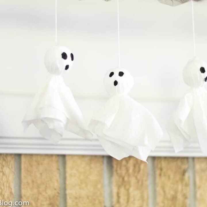 A few tissue ghosts hanging from the tulle garland