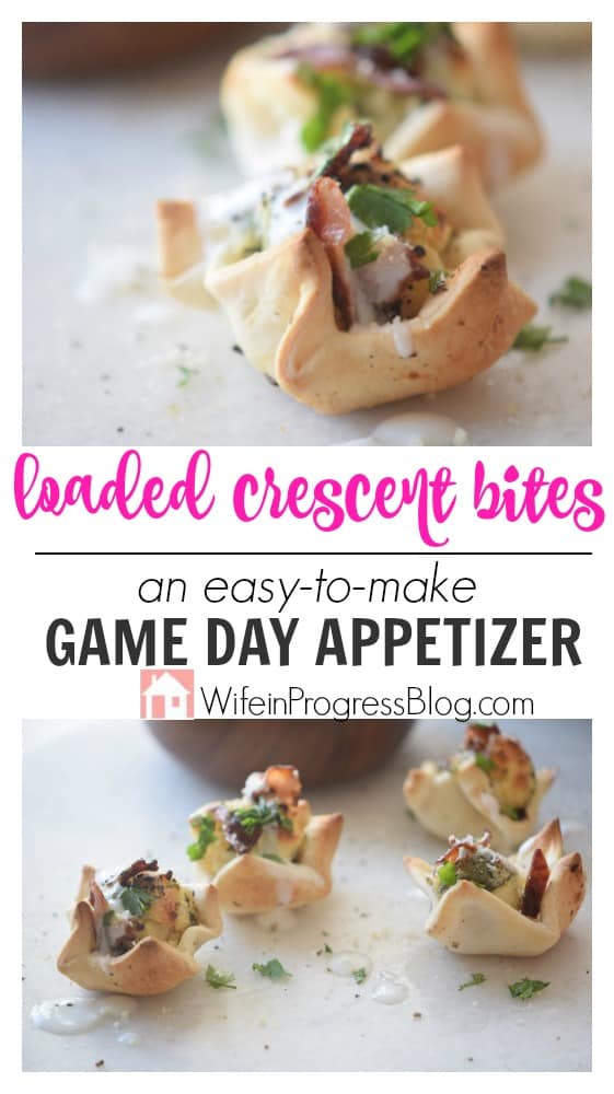 Loaded crescent bites: an easy-to-make game day appetizer, with a close-up of a crescent bite