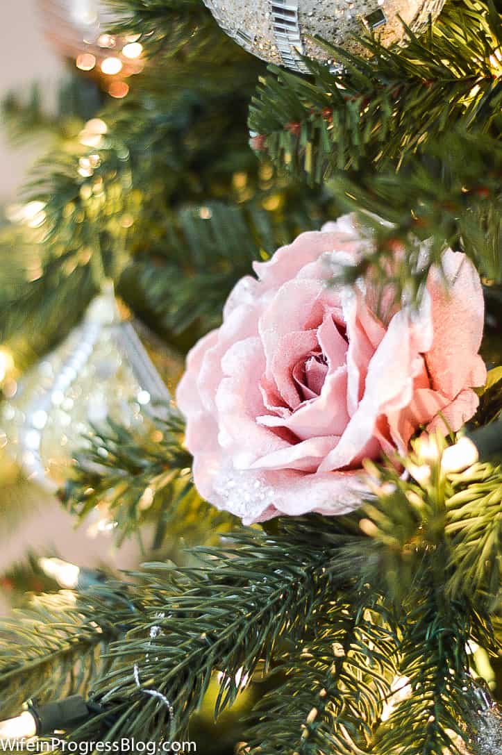 faux pink roses are a non traditional Christmas ornament ideas