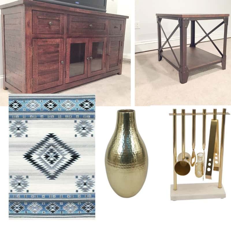 A collage of furniture and accessories - a large, wooden side table, a wooden end table, a southwestern rug, a textured gold vase and other gold decor