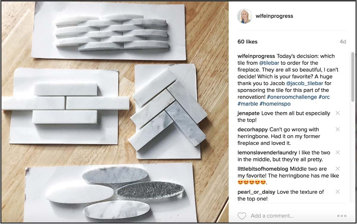 An Instagram post from Jenna featuring a few tile possible choices for the fireplace surround, all grey and narrow but different shapes