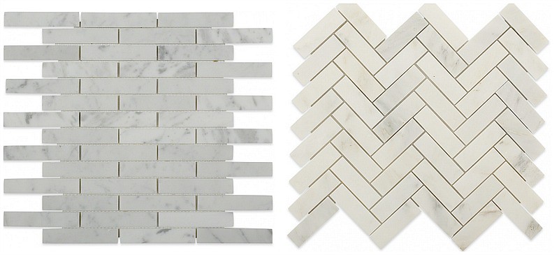 Narrow, grey strips in a horizontal brick pattern and some in a herringbone pattern