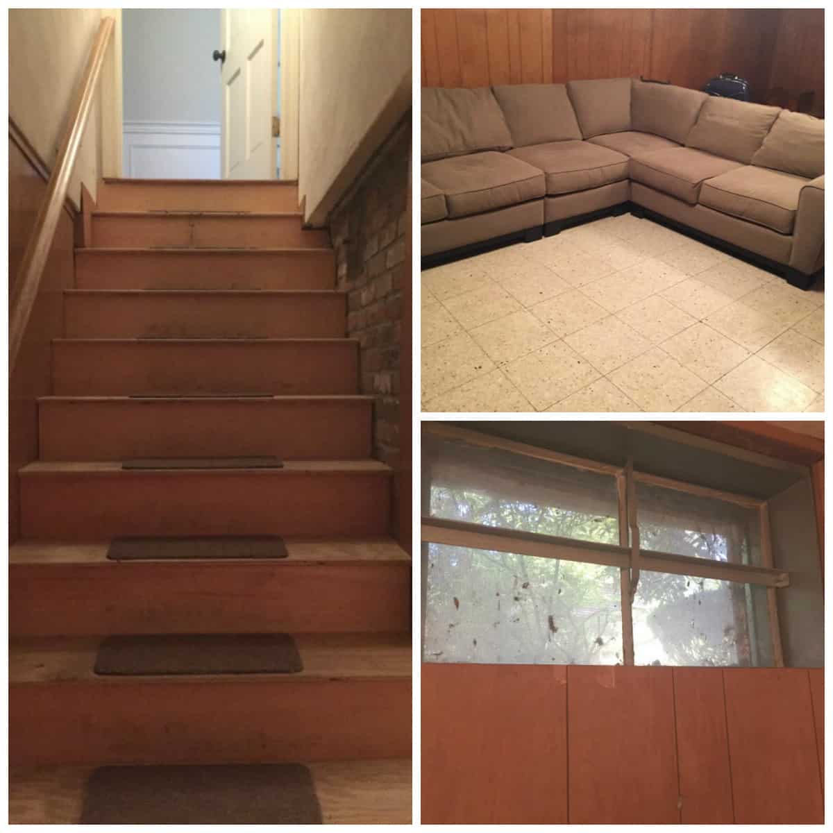 A trio of photos showing the bare, unpainted wooden steps of a basement, a plain couch on tile floor and a window with leaves stuck on the panes 