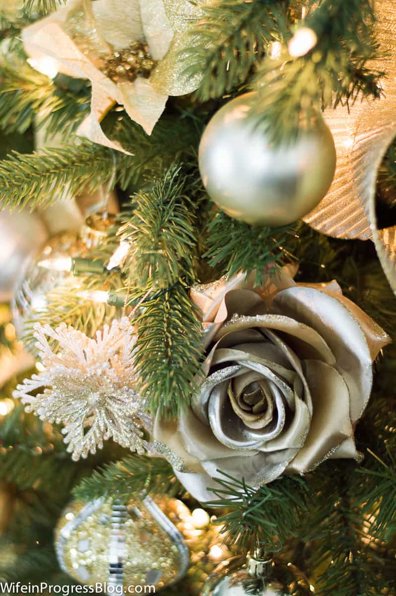 Faux flowers are a fun idea for tree decor