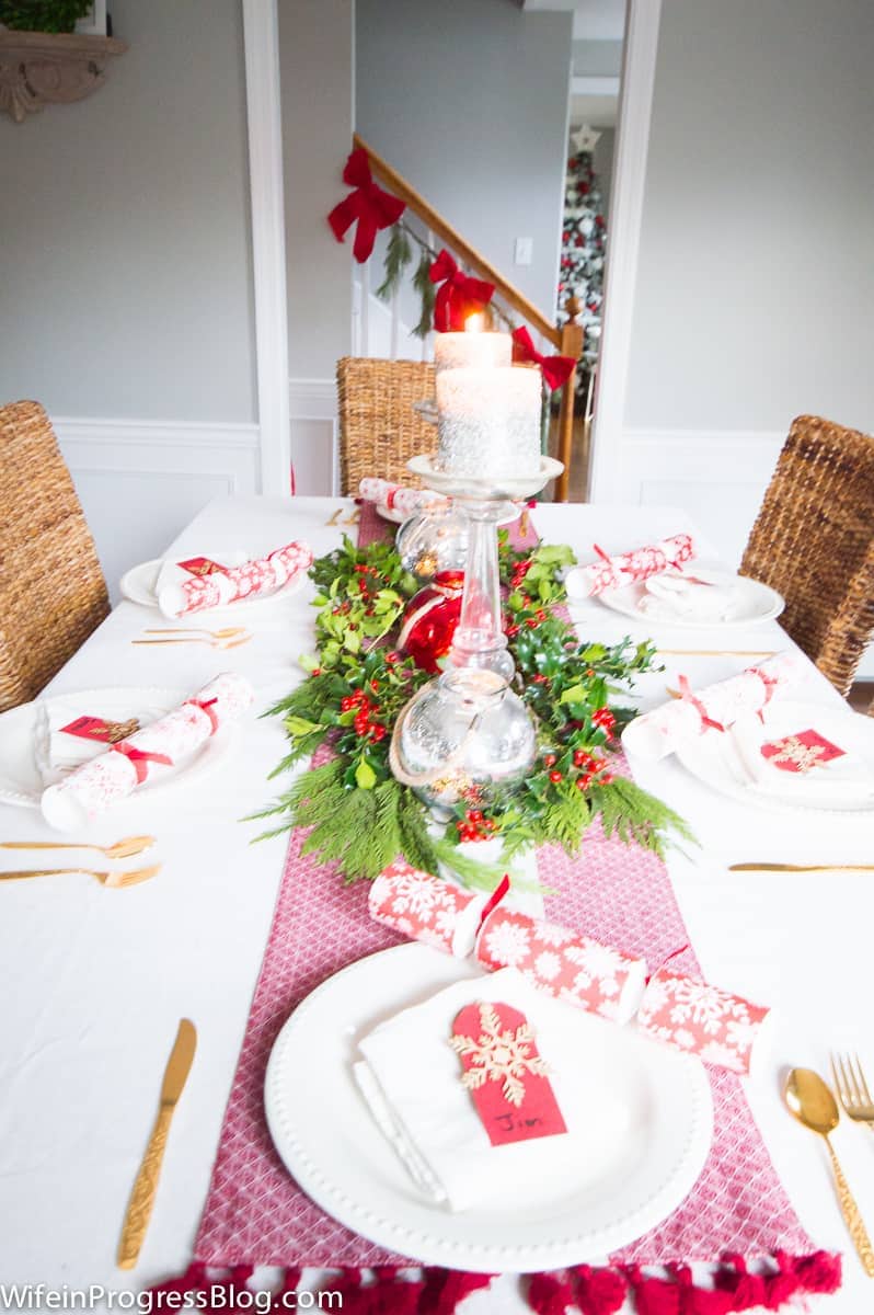 Pretty table setting for Christmas dinner