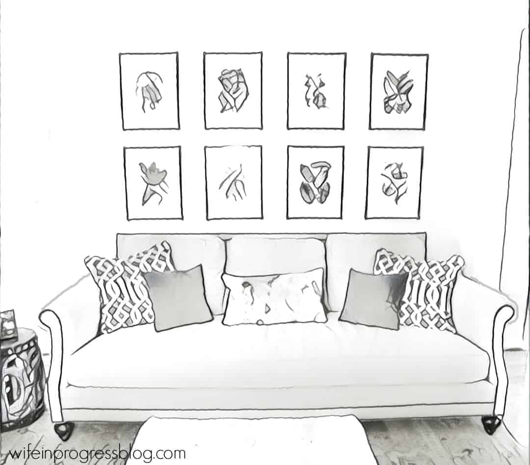 A drawing of a couch with grid artwork over it