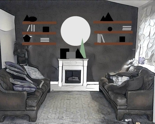 Same living room as above but there are two sets of shelves aligned to the height of the wall on the left, with a round picture in the center.