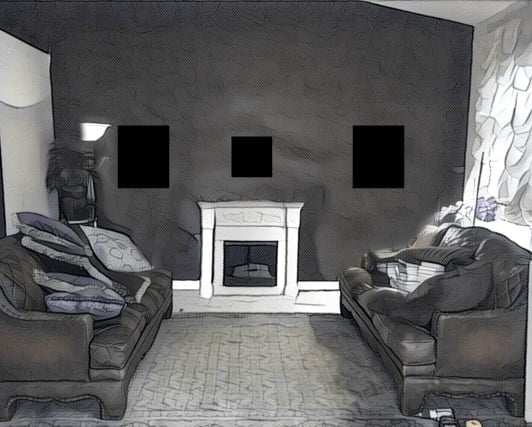 Small room with 2 sofas opposite a fireplace; vaulted ceilings with low-hung pictures, leaving too much empty space above