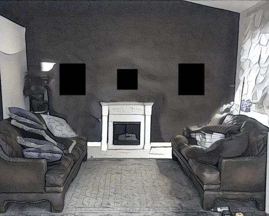 Small room with 2 sofas opposite a fireplace; vaulted ceilings with low-hung pictures, leaving too much empty space above