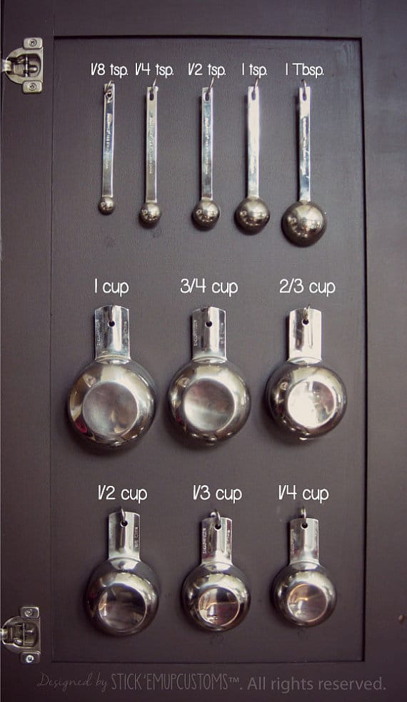 measuring spoons on back of cupboard with decal labels