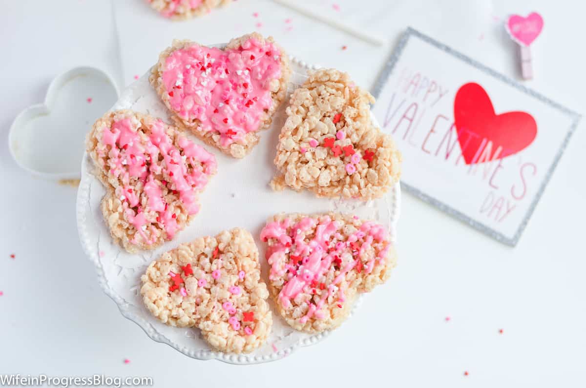 Platter with heart shaped valentine's day Rice Krispie Treats
