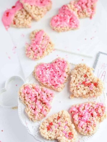 rice krispie treat hearts on a cake stand
