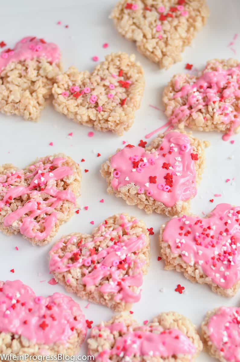 Rice Krispie Treats with pink candy melts and sprinkles