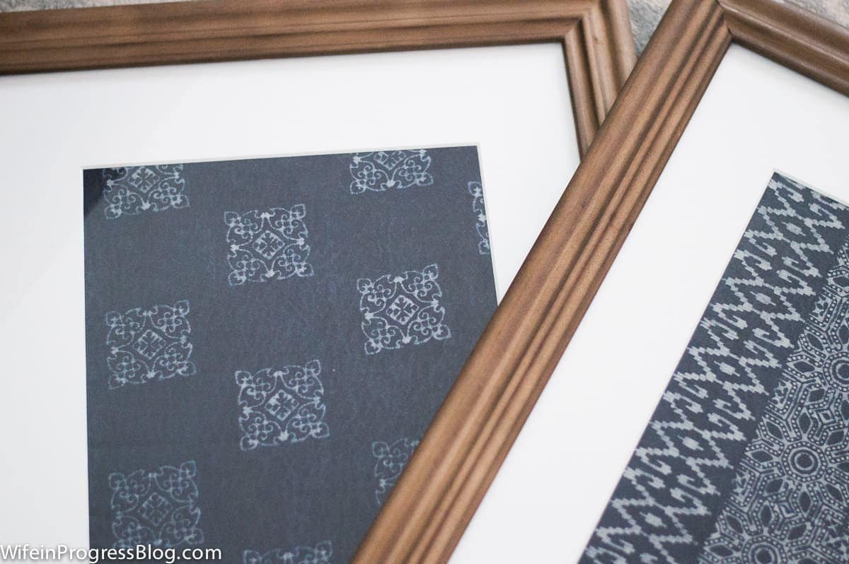 A close-up of the newly framed textile prints