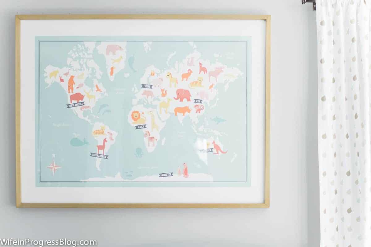 Nursery artwork: framed world map with animals print 