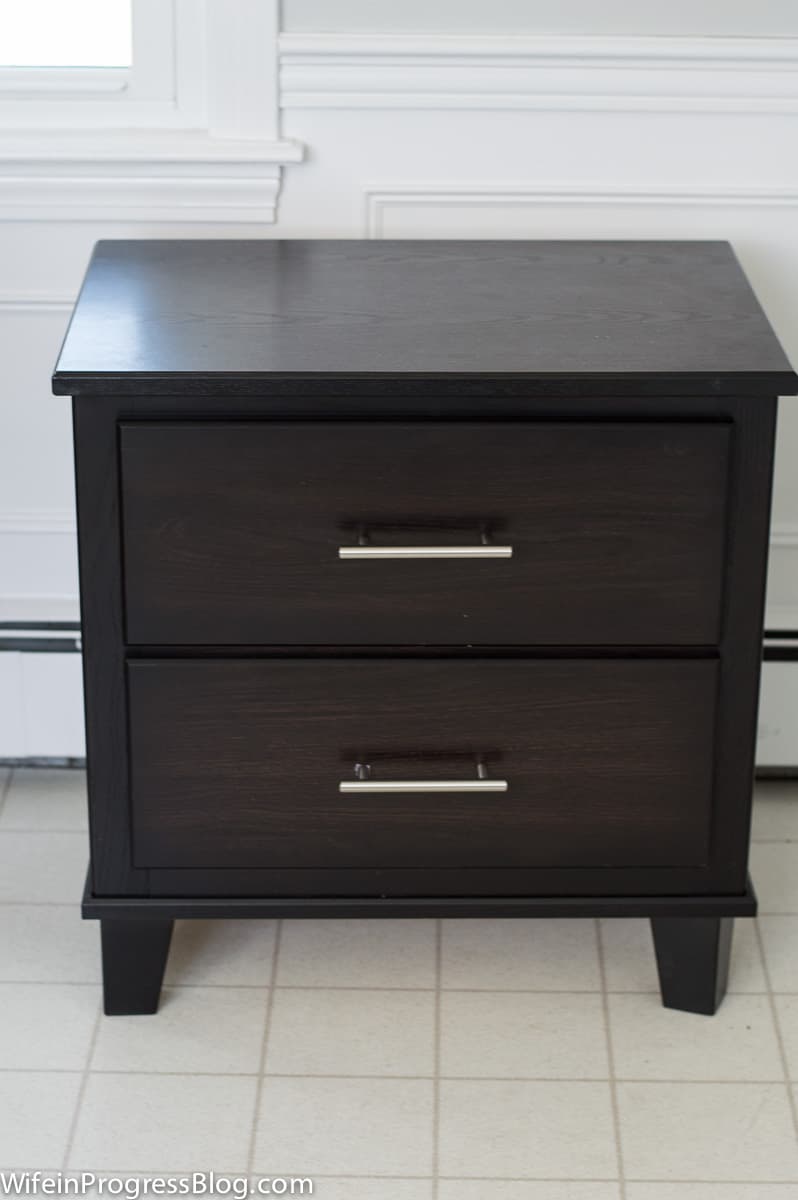 Dark brown veneer nightstand with 2 drawers and silver hardware