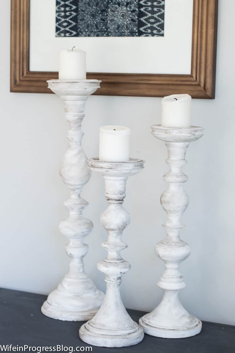 Another close-up of the antiquing details on the 3 white candlesticks, now holding candles