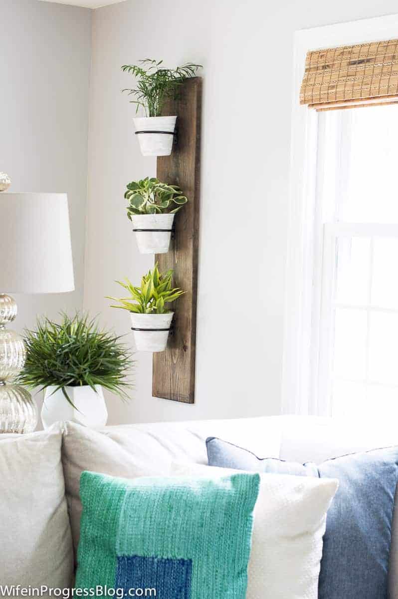 A trio of plants hung on a vertical plank of wood on the wall in the corner of a living room, near a window