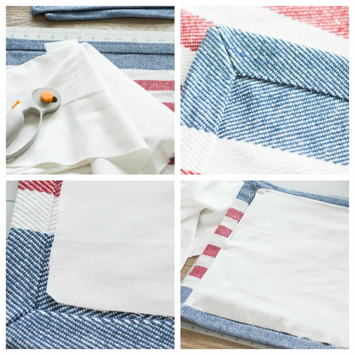 DIY patriotic throw pillow tutorial- cutting white fabric and pinning to underside of placemat