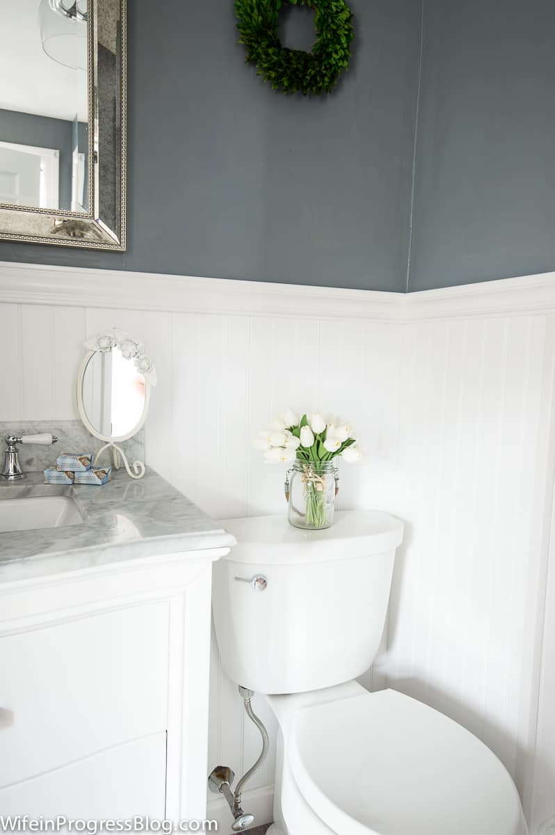 When we updated our master bathroom, we sprung for a brand new white porcelain toilet